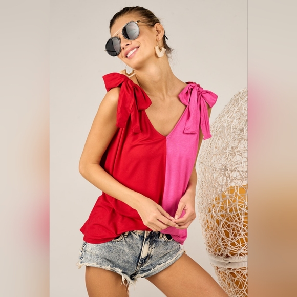 BiBi Shoulder Ribbon Tied Contrast Tank - Picture 4 of 7